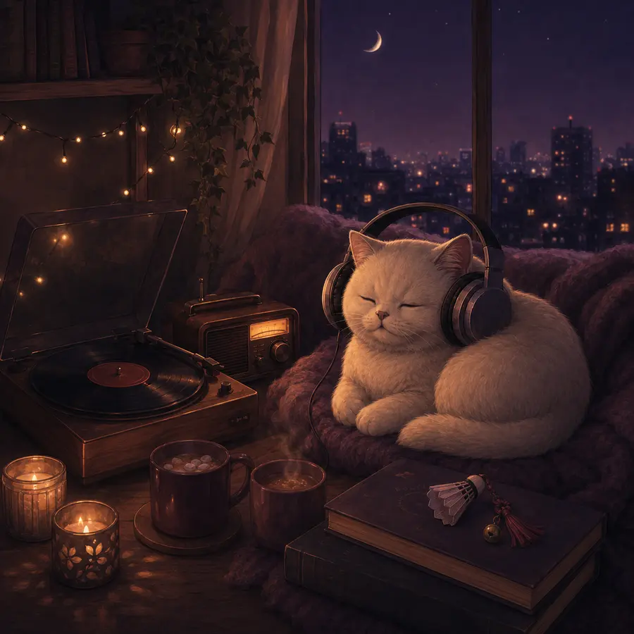 A cozy white cat waiting for KOTM Radio